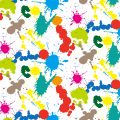 白い背景に複数の色のペンキが散らばるパターン